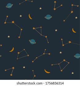 Stars and moon constellation pattern, seamless vector repeat pattern 