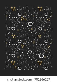Stars, moon. Cosmos illustration. Cartoon galaxy.
