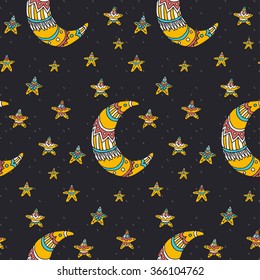 The stars and the moon. Hand drawn illustration with ethnic doodle. Vector seamless pattern.