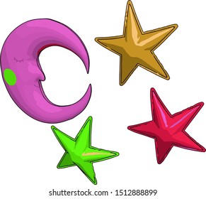 Stars and moon, illustration, vector on white background.