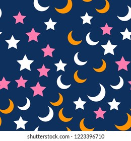 Stars and Moon. Night Sky Seamless vector EPS 10 Pattern. Different Multicolor objects. 