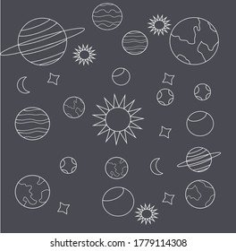 Stars moon and planets pattern with white lines