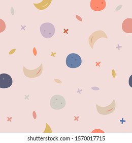 Stars Moon planets. Space. Cute seamless pattern, wallpaper, wrapping paper, Galaxy design element. Lovely pastel colors children's style, quirky simple shapes. Hand drawn fabric, pretty nursery decor