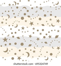 stars, moon and  polka dot seamless pattern on on striped pastel color background, vector illustration