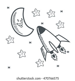 stars moon rocket space sketch icon. Black white isolated design. Vector illustration