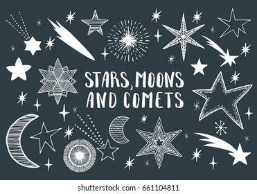 Stars, moons, comets. Hand drawn vector.