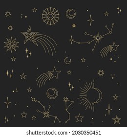 Stars, moons and constellations. Linear design astrology elements. Pattern of celestial space background.