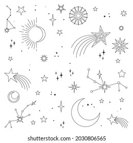 Stars, moons and constellations. Linear design astrology elements. Pattern of celestial space background.