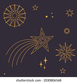 Stars, moons and constellations. Linear design astrology elements. Pattern of celestial space background.