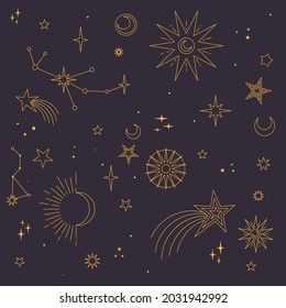 Stars, moons and constellations. Linear design astrology elements. Pattern of celestial space background.