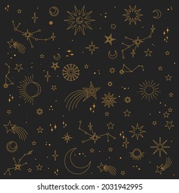 Estrellas, lunas y constelaciones. Elementos astrológicos de diseño lineal. Patrón del fondo del espacio celeste.