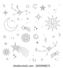 Stars, moons and constellations. Linear design astrology elements. Pattern of celestial space background.