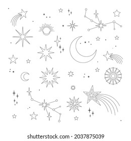 Stars, moons and constellations. Linear design astrology elements. Pattern of celestial space background.