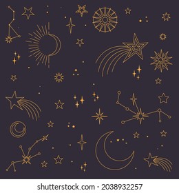 Stars, moons and constellations. Linear design astrology elements. Pattern of celestial space background.