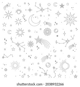 Stars, moons and constellations. Linear design astrology elements. Pattern of celestial space background.