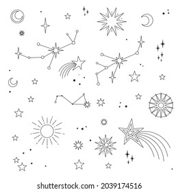 Stars, moons and constellations. Linear design astrology elements. Pattern of celestial space background.