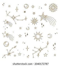 Stars, moons and constellations. Linear design astrology elements. Pattern of celestial space background.