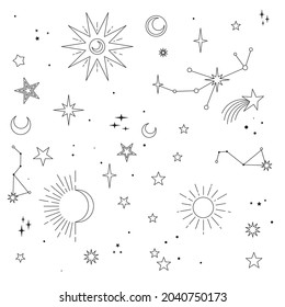 Stars, moons and constellations. Linear design astrology elements. Pattern of celestial space background.