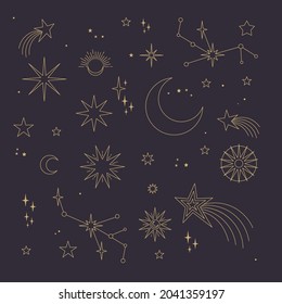 Stars, moons and constellations. Linear design astrology elements. Pattern of celestial space background.