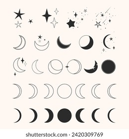 Stars and moons. Moon phases. Elements of stars and moons. Stellar systems. Universe. Starlight and moonlight. Icons of the moon and stars