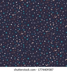 Stars and moons seamless vector pattern. Night sky surface print design. Great for bedroom fabrics, cosmic stationery, scrapbook paper, packaging, chidish gift wrap, textile, and halloween home decor.