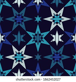 Stars. Mosaic with geometric shapes. Seamless pattern. Design with manual hatching. Textile. Ethnic boho ornament. Vector illustration for web design or print.