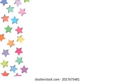 Stars multicolor confetti isolated on white background. Festive holiday background. Celebration concept. Falling magic colorful particles. Invitation mock up. Copy space.