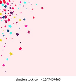 Stars multicolored on a pink background. Confetti.