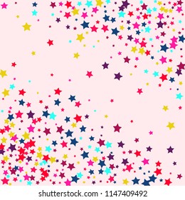 Stars multicolored on a pink background. Confetti.