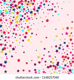 Stars multicolored on a pink background. Confetti.