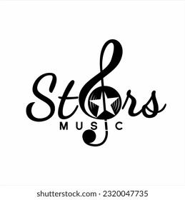 "Stars Music" word design with illustration of treble clef symbol and star on letter A