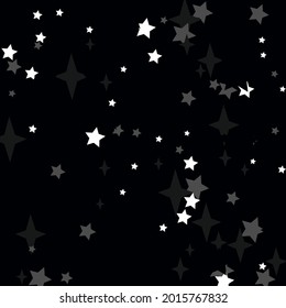 Stars Mystery Print Dark White Wallpaper. New Year Gray Grey Textile Night Background. Magic Black Cozy Christmas Sky Ornament. Chaotic Bright Monochrome Holiday Silver Winter Wallpaper.