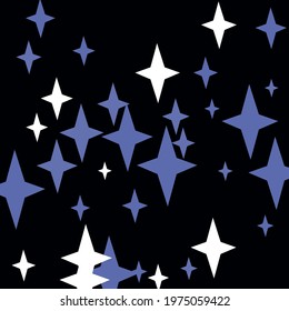 Stars Mystery Sky Christmas Night Illustration. Color Winter Magic Print Dark Background. Indigo Retro Blue Holiday New Year Ornament. Santa White Snow Black Chaotic Four-pointed Composition.
