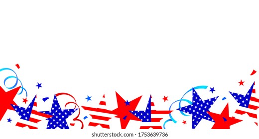 Stars in national colors background. Fourth of July holiday long horizontal border. USA Independence Day Decoration. Illustration.