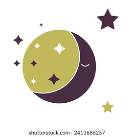 Stars and new moon, rebirth and beginning of lunar cycle, sky luminaries. Representation of potential and mystical energies. Magical symbol of guidance and transformation. Vector in flat style