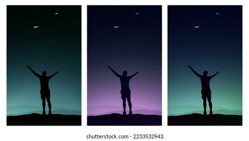 stars in the night. freedom man walpaper for phone. night sky with stars. freedom. silhouette of a person in the night.