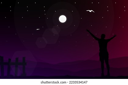 stars in the night. silhouette of a person in the night. freedom man walpaper. night sky with stars. freedom.