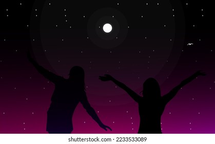 stars in the night. silhouette of woman in the night. freedom woman walpaper. night sky with stars. freedom. silhouette of a person in a night.
