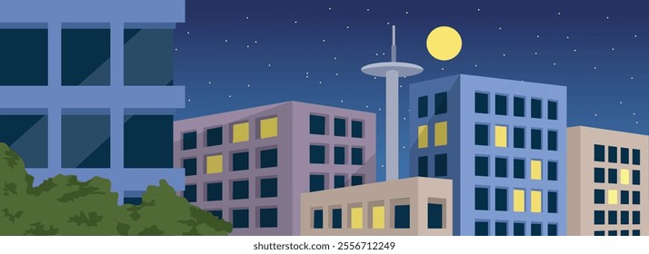 Stars in the night sky. Building view with star view in the sky. Discotic building. Office building. Apartment building. Tower in the evening sky. 