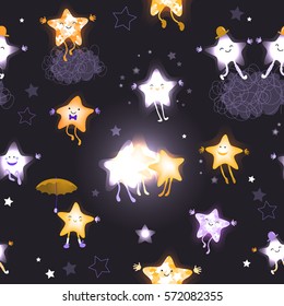 Stars in night sky. Seamless pattern with cute cartoon asterisk for design websites, advertising, printing products. Good night, lullaby. Children abstract background. Hand drawn vector illustration