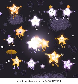 Stars in the night sky. Set of cute cartoon asterisk for design websites, advertising, printing products. Good night, lullaby. Children abstract background. Hand drawn vector illustration