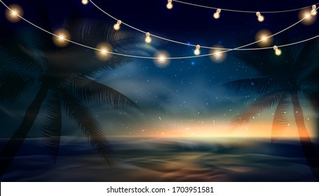 Stars in the night sky, starlight, galaxy space background. aurora borealis shine, neon lights magic glitter background.
Night landscape background with palm trees and lanterns.