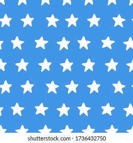 Stars on blue background seamless pattern. Vector hand drawn doodles flat illustration