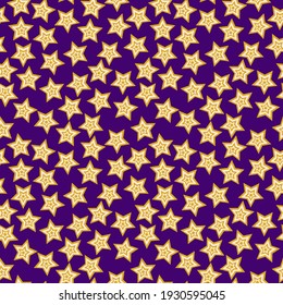 Stars on deep purple night sky seamless pattern vector. Funny cartoon geometric stars chaotic endless texture. Childish star falling pattern. Perfect for home decor, clothes, dinner napkins and more