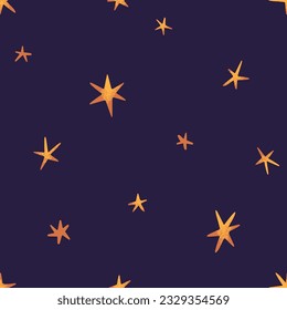 Stars on night sky, seamless pattern. Starry endless background, repeating print. Golden sparkles, texture design for decor. Printable flat vector illustration for wallpaper, textile, fabric, wrapping