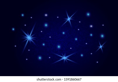 Stars on the night sky. Stardust wave is glittering. Sparkling blue lights. Bright shining beams. Enigmatic and mysterious colossal firmament vector. Xmas glare and glitter effects and rays.  