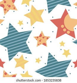 Stars on a white background. Blue, yellow and orange stars on a white background. A beautiful idea for children's textiles, wallpaper, packaging and business packaging.