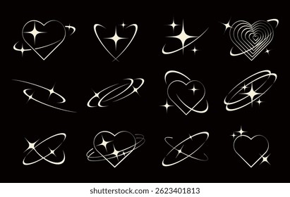stars with orbit line set vector. stylized sparkling frame and border. icon and symbol concept