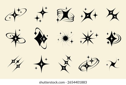 Sterne mit Orbitlinienvektor, funkelndem Symbol und Sternenlicht-Vektorsatz, stilisiertem funkelndem Rahmen und Rahmen. Symbol- und Symbolkonzept