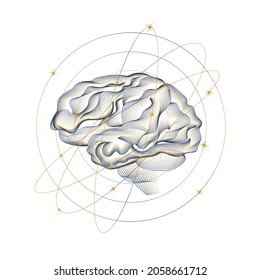 Stars in orbits around the brain. Creative abstract linear brain illustration. Mental, thinking, intelligence concept. Vector line clipart